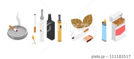 3D Isometric Flat  Set of Smoker Collection, Smoking Attributes and Tobacco Products 111183517