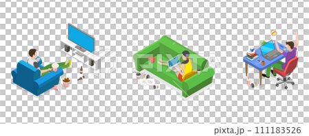 3D Isometric Flat Conceptual Illustration of Sedentary Lifestyle, Bad Habits 3D Isometric Flat Conceptual Illustration of Sedentary Lifestyle, Bad Habits 111183526