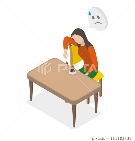 3D Isometric Flat  Conceptual Illustration of Exhaustion, Exhausted Girl Feels Fatigue or Burnout 111183539
