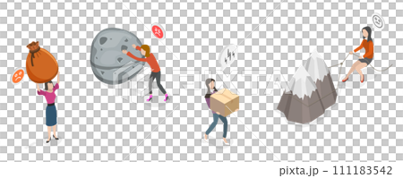 3D Isometric Flat  Conceptual Illustration of Strong Women, Pressure From Too Much Responsibility 111183542