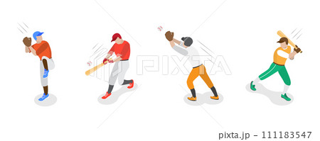 3D Isometric Flat  Set of Baseball Players, Various Actions of Player Character 111183547