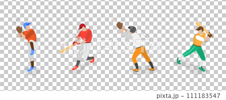 3D Isometric Flat  Set of Baseball Players, Various Actions of Player Character 111183547