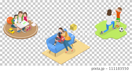 3D Isometric Flat Set of Parent Support Scenes, Happy Loving Families 3D Isometric Flat Set of Parent Support Scenes, Happy Loving Families 111183550