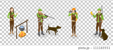 3D Isometric Flat  Set of Hunters, Hunting Hobby, Sport or Outdoor Activity 111183551