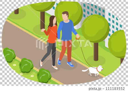 3D Isometric Flat  Conceptual Illustration of Happy Walking Couple, Relaxed People Enjoying Summer Outdoor 111183552