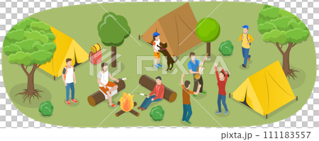 3D Isometric Flat  Conceptual Illustration of Touristic Summer Campground , Camper Tourists Resting During Holiday Adventure 111183557
