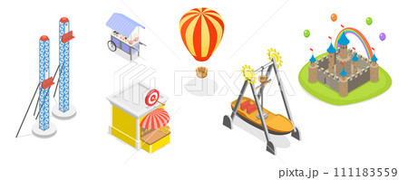 3D Isometric Flat  Set of Amusement Park, Architectural Entertainment Elements 111183559