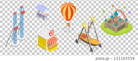 3D Isometric Flat  Set of Amusement Park, Architectural Entertainment Elements 111183559