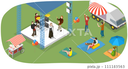 3D Isometric Flat  Conceptual Illustration of Outdoor Music Festival, Summer Public Entertainment Party 111183563
