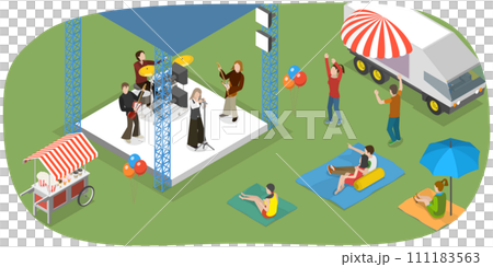 3D Isometric Flat  Conceptual Illustration of Outdoor Music Festival, Summer Public Entertainment Party 111183563