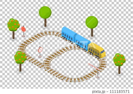 3D Isometric Flat  Conceptual Illustration of Toy Railway, Children Transport Game 111183571