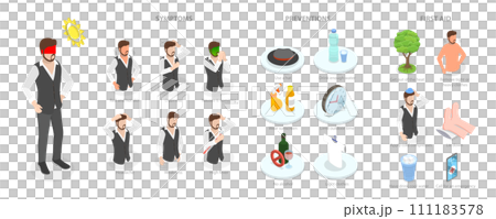 3D Isometric Flat  Conceptual Illustration of Heat Stroke Symptoms, Prevention Tips 111183578