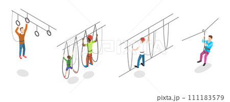 3D Isometric Flat  Conceptual Illustration of Rope Park, Recreational Activities for Adults and Children 111183579