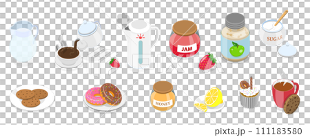 3D Isometric Flat Set of Tea Party Accessories, Cookies and Desserts 3D Isometric Flat Set of Tea Party Accessories, Cookies and Desserts 111183580