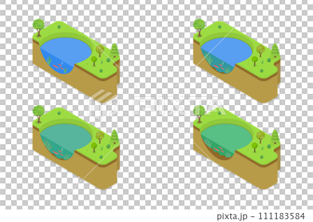 3D Isometric Flat Conceptual Illustration of Eutrophication Process , Water Pollution Stages 3D Isometric Flat Conceptual Illustration of Eutrophication Process , Water Pollution Stages 111183584
