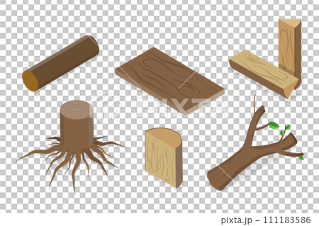 3D Isometric Flat Set of Hardwood Logs and Trunks, Wooden Fireplace Collection 3D Isometric Flat Set of Hardwood Logs and Trunks, Wooden Fireplace Collection 111183586