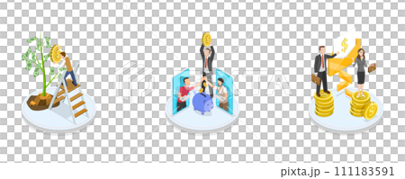 3D Isometric Flat  Conceptual Illustration of Startup Funding, Raising Money for New Bussiness 111183591