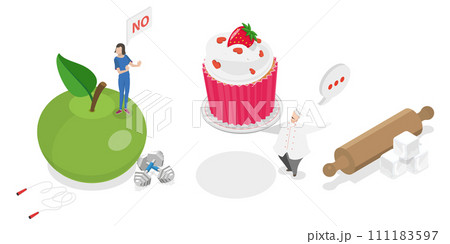 3D Isometric Flat Conceptual Illustration of Healthy Diet, Refusing Unhealthy Food, Dieting and Healthy Lifestyle 3D Isometric Flat Conceptual Illustration of Healthy Diet, Refusing Unhealthy Food, Dieting and Healthy Lifestyle 111183597