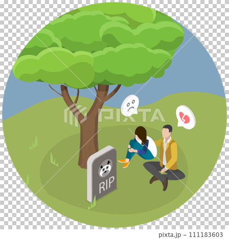 3D Isometric Flat Conceptual Illustration of Death Of Animal, Depressed Couple Crying at a Paat Gravestone 3D Isometric Flat Conceptual Illustration of Death Of Animal, Depressed Couple Crying at a Paat Gravestone 111183603