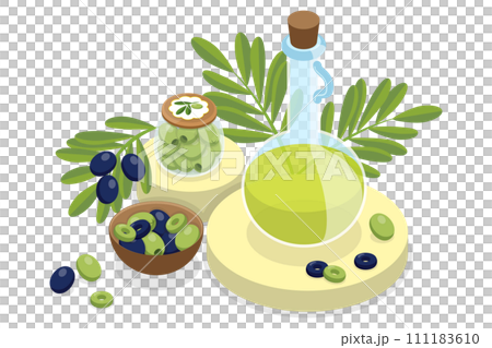 3D Isometric Flat  Conceptual Illustration of Olive Products, Greek Mediterranean Cuisine 111183610