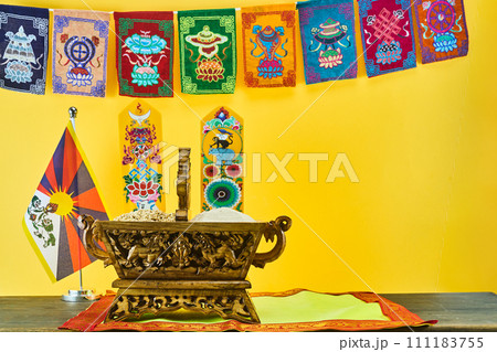 Losar Tibetan New Year. A Chemar box for Tibetan New Year with roasted barley and barley flour. Losar Tibetan New Year. A Chemar box for Tibetan New Year with roasted barley and barley flour. 111183755