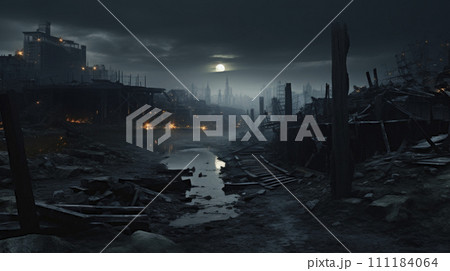 AI-generated content. Post-Apocalyptic Cityscape with Moonlight 111184064