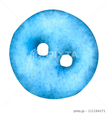 Sewing blue button with holes and solid design. Hand drawn watercolor illustration on isolated background. Suitable for prints, stickers, posters, wrapping paper. 111184271