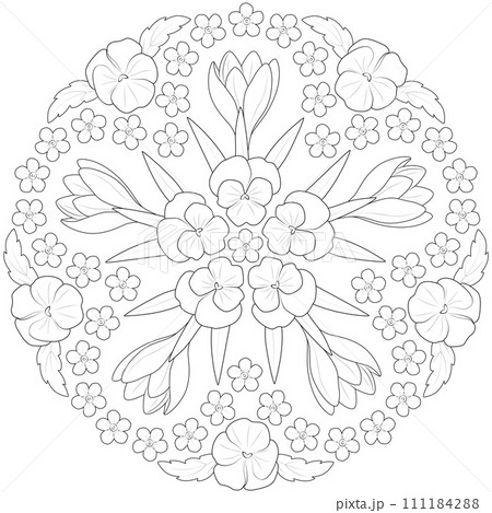 Spring flower mandala in black and white. Round pattern for coloring Spring flower mandala in black and white. Round pattern for coloring 111184288