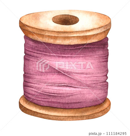 Dusty pink thread concept. Wooden spool of thread for clothing production. Hand drawn watercolor illustration of a reel on an isolated background. Tool for needlework. Poster or banner for the website 111184295