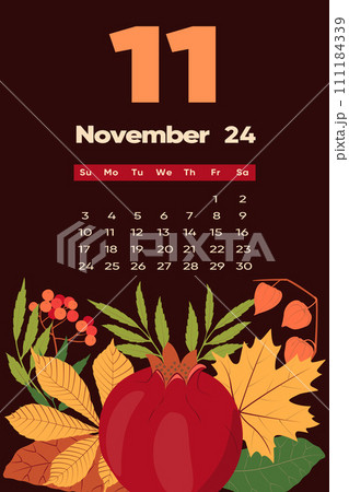 Floral November 2024 calendar template. With bright colorful flowers. Floral November 2024 calendar template. With bright colorful flowers. 111184339