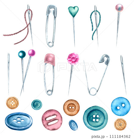 Watercolor hand drawn illustration of buttons, needles and threads, different sewing pins ball-point, flat plastic head and safety pin. Design for prints, stickers, postcards, pattern, wrapping paper. Watercolor hand drawn illustration of buttons, needles and threads, different sewing pins ball-point, flat plastic head and safety pin. Design for prints, stickers, postcards, pattern, wrapping paper. 111184362
