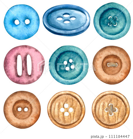 A set of buttons in blue, green, dirty pink, brown and turquoise. Hand drawn watercolor illustration on isolated background. Suitable for design on fabric, wrapping paper, postcards, decoupage cards. 111184447