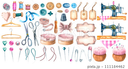 Sewing tools vintage set. Hand drawn watercolor illustrations of measuring tape, ribbon, sewing machine, sewing pins, safety pin, pinushion on isolated background. Bundle of sewing supplies for clipar Sewing tools vintage set. Hand drawn watercolor illustrations of measuring tape, ribbon, sewing machine, sewing pins, safety pin, pinushion on isolated background. Bundle of sewing supplies for clipar 111184462