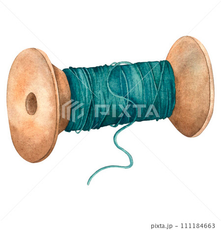 Watercolor painted skein of hobby thread, handmade fabric. Natural vegetable dye. Illustration of an isolated object on a white background, color. For store logo, print, business card 111184663