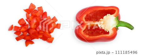 red sweet bell pepper slices isolated on white background. Top view. Flat lay red sweet bell pepper slices isolated on white background. Top view. Flat lay 111185496