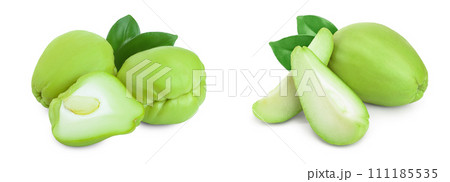 fresh Chayote vegetable or mexican cucumber with leaf isolated on white background fresh Chayote vegetable or mexican cucumber with leaf isolated on white background 111185535