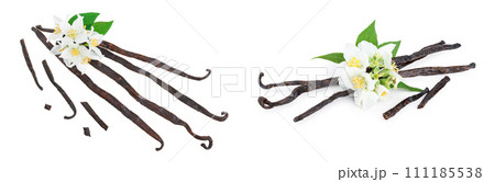 Vanilla sticks with flower and leaf isolated on white background. Top view. Flat lay 111185538