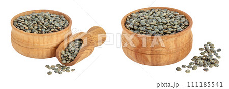 raw french green lentils in wooden bowl isolated on white background with full depth of field raw french green lentils in wooden bowl isolated on white background with full depth of field 111185541