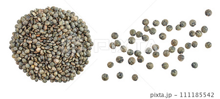 raw french green lentils isolated on white background with full depth of field raw french green lentils isolated on white background with full depth of field 111185542
