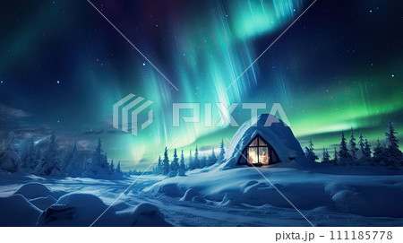 AI-generated content. Igloo building from the snow with winter snowy scenery 111185778