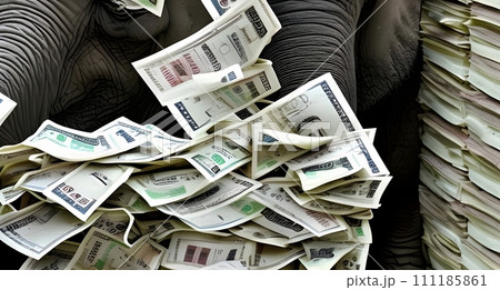 AI-generated content. Stack of Money Balancing on Elephants Trunk. Generative AI. 111185861