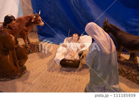 Christmas creche with Joseph Mary and Jesus 111185939