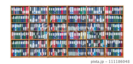 folders with files standing on shelves in a large long cabinet isolated on a white background folders with files standing on shelves in a large long cabinet isolated on a white background 111186048