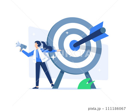 Target marketing concept,Successful business or consumer targeting. PR manager woman attracting customers with megaphone,Focus group. Goal achievement Target marketing concept,Successful business or consumer targeting. PR manager woman attracting customers with megaphone,Focus group. Goal achievement 111186067