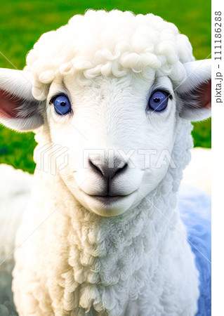 Adorable white sheep with big darling blue doe eyes, close-up Adorable white sheep with big darling blue doe eyes, close-up 111186288
