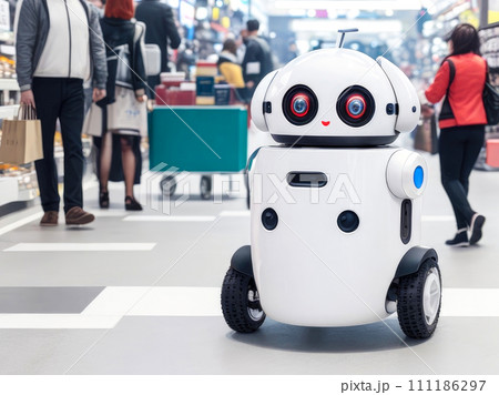 Little cute service robot with wheels, smart technology retail business concept Little cute service robot with wheels, smart technology retail business concept 111186297