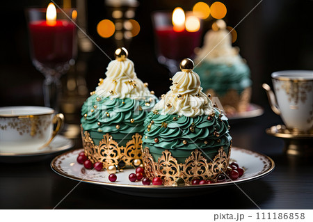 AI-generated content. Homemade Christmas's cake with decoration candle. 111186858