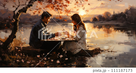 AI-generated content. Couple in love on a white plaid take a picnic against the backdrop of a sunset in the mountains. Romantic time. Beautiful couple is enjoying picnic time at sunset. Copy space 111187173