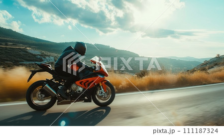 AI-generated content. Professional motorbike rider. A motorcycle rides fast on the road. Generative AI. Sport. Copy space for your custom text. Fast motion blur effect AI-generated content. Professional motorbike rider. A motorcycle rides fast on the road. Generative AI. Sport. Copy space for your custom text. Fast motion blur effect 111187324