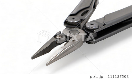 One modern gray iron open folding multifunctional knife on a white background. Multi-tool with advanced tools. Pliers close up. Compact and portable product. Pocket knife. EDC concept. Copy space One modern gray iron open folding multifunctional knife on a white background. Multi-tool with advanced tools. Pliers close up. Compact and portable product. Pocket knife. EDC concept. Copy space 111187508